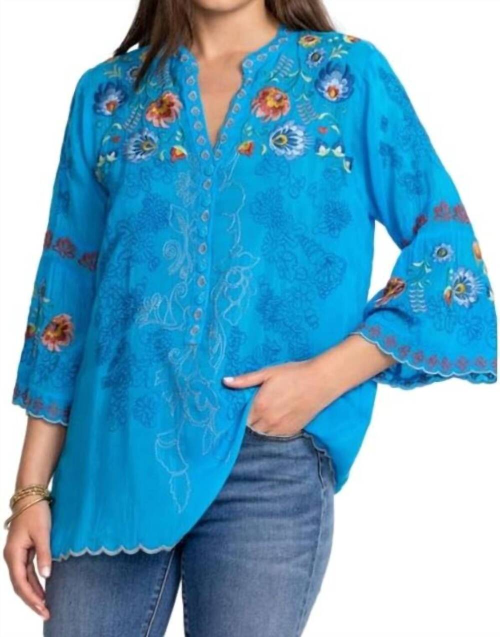 NEW JOHNNY WAS maverick embroidered blouse in blue danube